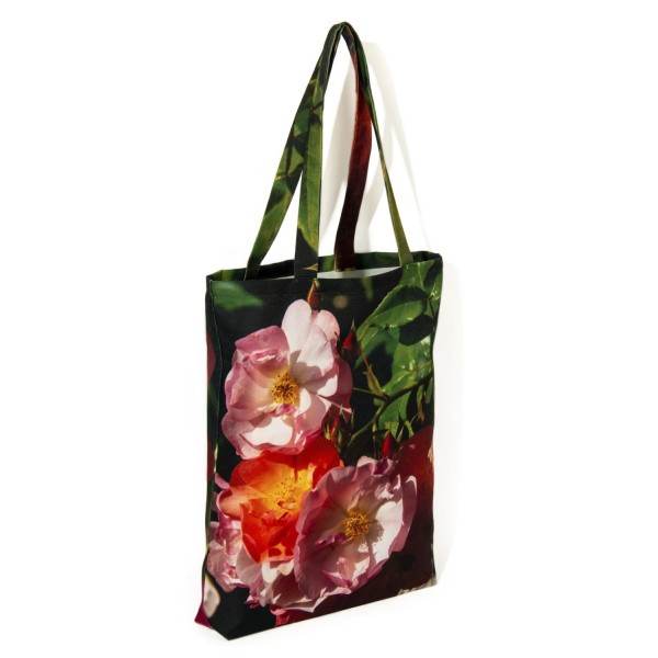 Tote bag fleur imprimé Roses vue de dos fond blanc - Sac de créateur Maron Bouillie made in France