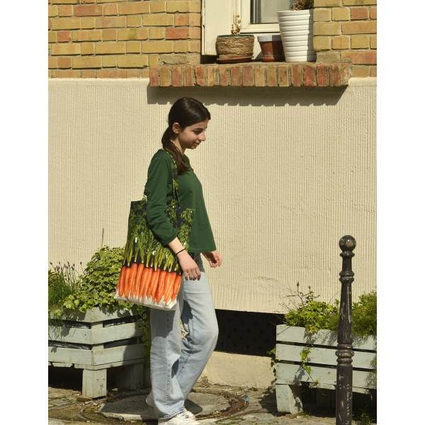 Large Vegetable Shopping Bag Carrots - Maron Bouillie market tote carried by a Young Girl