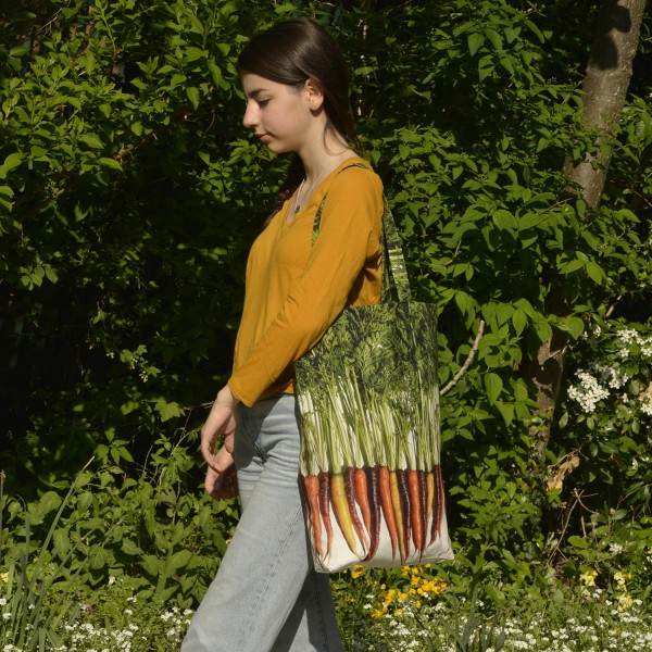 Large Vegetable Shopping Bag multicolored Carrots - Maron Bouillie market tote carried by a Young Girl Large Vegetable Shopping Bag multicolored Carrots - Maron Bouillie market tote carried by a Young Girl