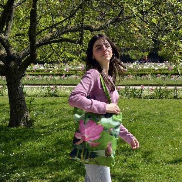 Oriental lotus Flowers Tote bag - Made in France Designer bag - Maron Bouillie