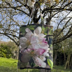 Apple Tree Flower Bag lying in the grass on a tree stump - Fabric Tote Bag by Maron Bouillie Made in France 2