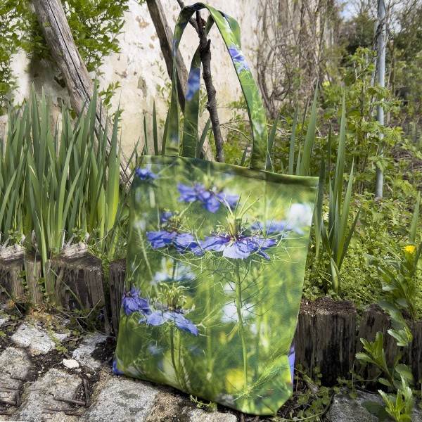 Damascus Nigella Flower Bag in a garden - Fabric Tote Bag by Maron Bouillie Made in France