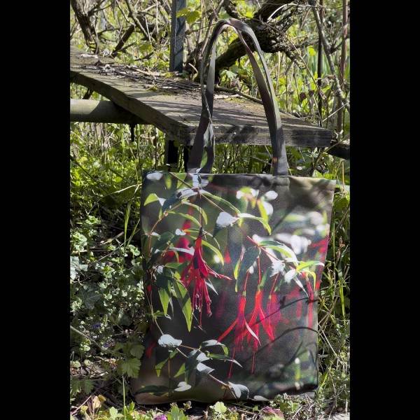 Royal Fuchsia Flower Tote Bag in a garden - Designer Bag with Floral Print by Maron Bouillie Made in France