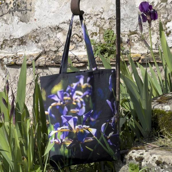 Iris Flower Bag hanging on a garden stair rail - Fabric Tote Bag by Maron Bouillie Made in France Iris Flower Bag hanging on a garden stair rail - Fabric Tote Bag by Maron Bouillie Made in France