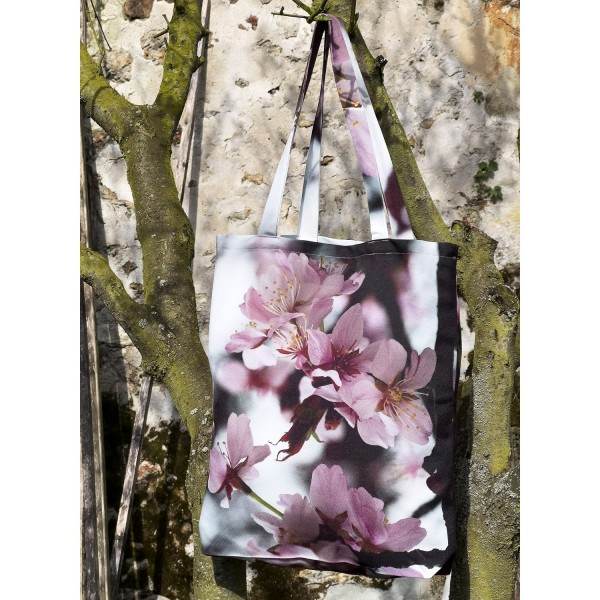 Winter Cherry Blossom Tote Bag Hanging in a Tree - Designer Bag with Floral Print by Maron Bouillie Made in France Winter Cherry Blossom Tote Bag Hanging in a Tree - Designer Bag with Floral Print by Maron Bouillie Made in France