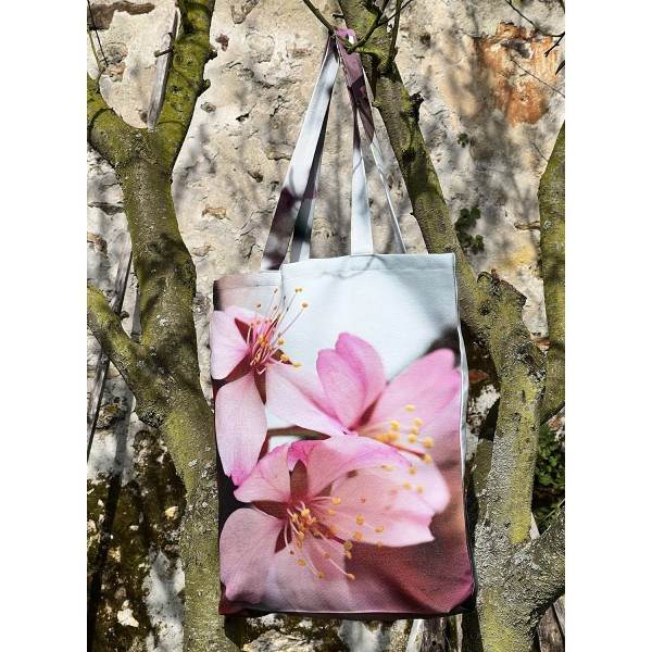 Flowered bag model Winter cherry blossoms placed in a tree - Tote bag in Maron Bouillie fabric made in France Flowered bag model Winter cherry blossoms placed in a tree - Tote bag in Maron Bouillie fabric made in France