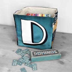 Letter D storage basket filled with toys and dominoes- Maron Bouillie made in France