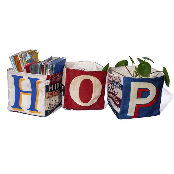 Maron Bouillie letter home goods baskets  forming the word HOP Maron Bouillie letter home goods baskets  forming the word HOP
