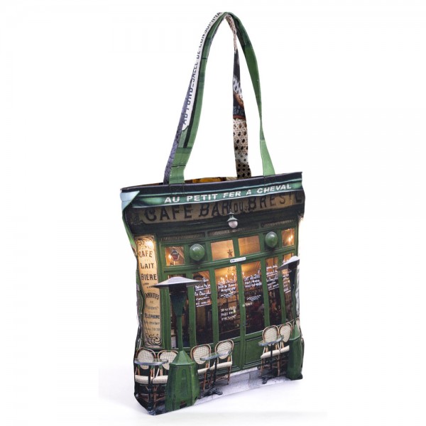 Sac en tissu imprimé avec la façade du café parisien Au Petit Fer à Cheval - Maron Bouillie made in France - vue de face