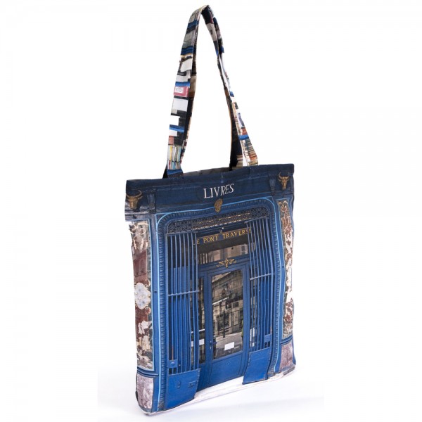 Canvas tote bag printed with the retro facade of the Le Pont Traversé bookstore in Paris. Front view, bag made in France.