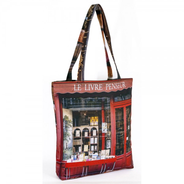 canvas tote bag printed  with the front of the Parisian bookstore Le Livre Penseur - front view - Maron Bouillie made in France