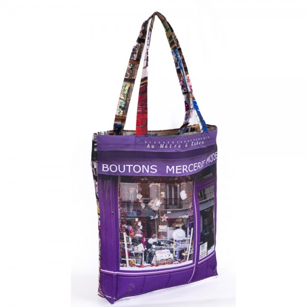 Sac en tissu Paris Mercerie Au mètre à ruban vue de face - Tote bag Maron Bouillie made in France