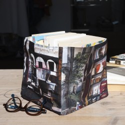 Printed fabric storage box Le livre penseur   on a table, Maron Bouillie vintage store Paris 2
