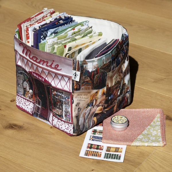 Mamie Vintage storage box by Maron Bouillie filled with multicolored fabric coupons. made in France