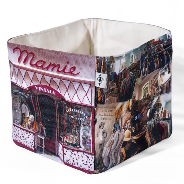 Boite de rangement en tissu imprimée Mamie mode vintage - photo fond blanc trois quart face