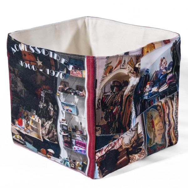 Vintage Mamie store printed on fabric storage basket - white background photo three-quarter back - Maron Bouillie
