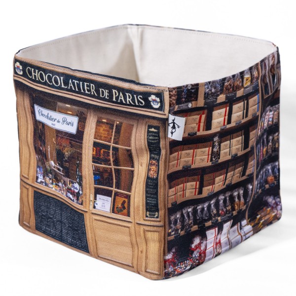Fabric storage basket Chocolatier de Paris - Maron Bouillie made in France - photo white background three-quarter front view