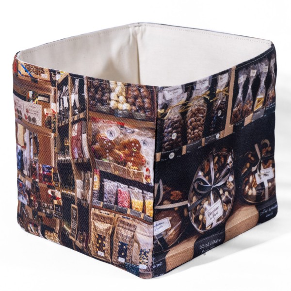 Fabric storage basket Chocolatier de Paris - Maron Bouillie made in France - photo white background three-quarter back view