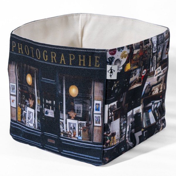 Printed cube storage basket Paris Photographie Jean-François Bauret - three-quarter front view - Maron Bouillie