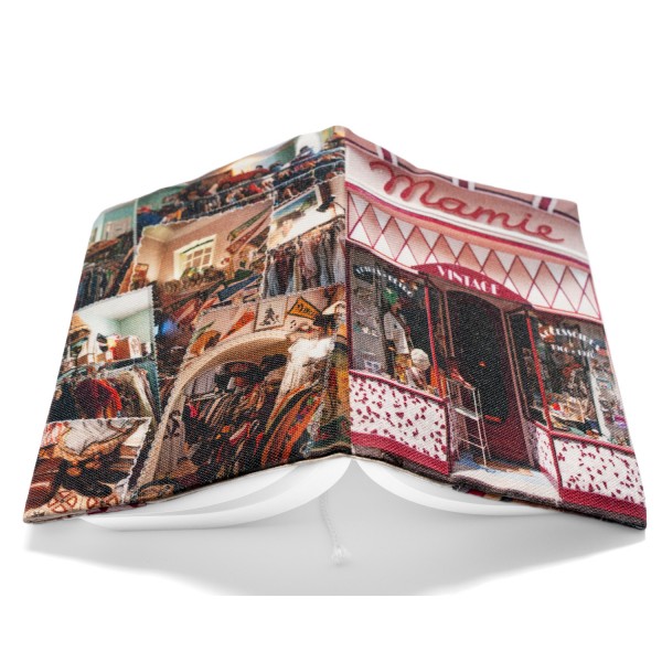 Paris Mamie Vintage Fashion boutique fabric book cover - top view of the open book - Maron Bouillie, made in France