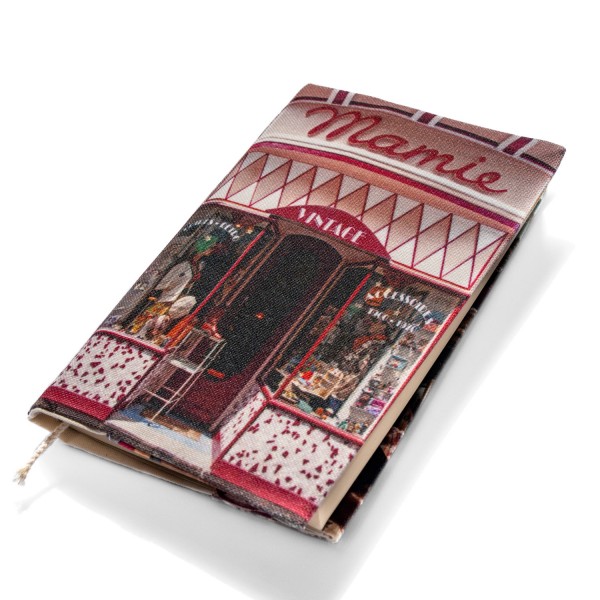 Paris Mamie Vintage Fashion printed fabric book cover - front view - Maron Bouillie, made in France