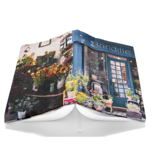 Fabric book cover from the Paris Florist Brindille boutique - top view of the open book - Maron Bouillie, made in France Fabric book cover from the Paris Florist Brindille boutique - top view of the open book - Maron Bouillie, made in France