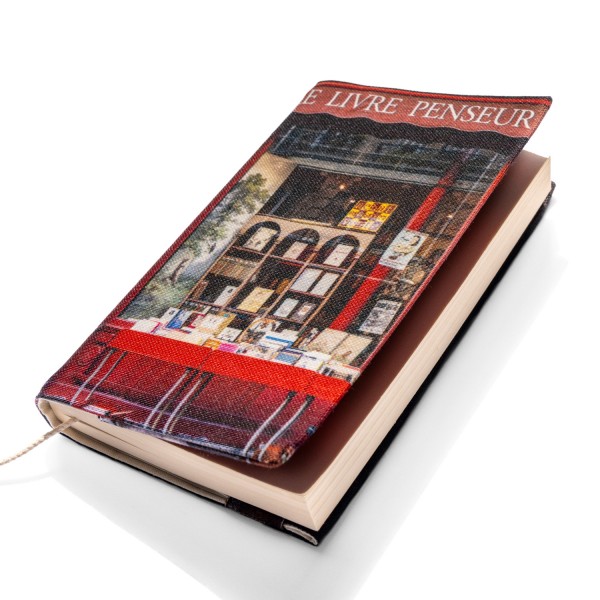 Protège-livre en tissu imprimé Paris Librairie Le livre penseur - vue de face - Maron Bouillie made in France