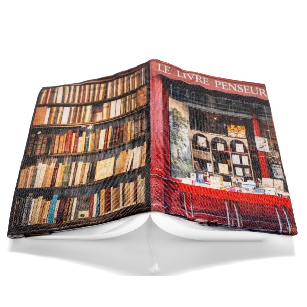 Protège livre idée cadeau Paris Librairie Le livre penseur - vues de dos livre ouvert fond blanc - Maron Bouillie made in France