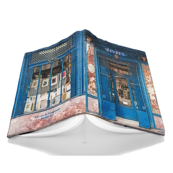 Fabric book cover from the Paris Blue bookstore, Au pont traversé - top view of the open book - Maron Bouillie, made in France Fabric book cover from the Paris Blue bookstore, Au pont traversé - top view of the open book - Maron Bouillie, made in France
