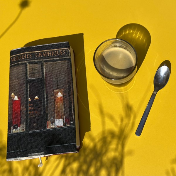 Couvre-livre Paris Boutique Mélodies graphiques Calligraphies posé sur une table jaune avec un café - Maron Bouillie