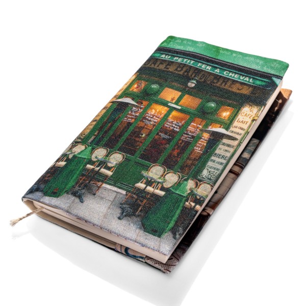 Book sleeve cover Paris Marais green coffee Au petit fer à cheval -  front view white background - Maron Bouillie made in France