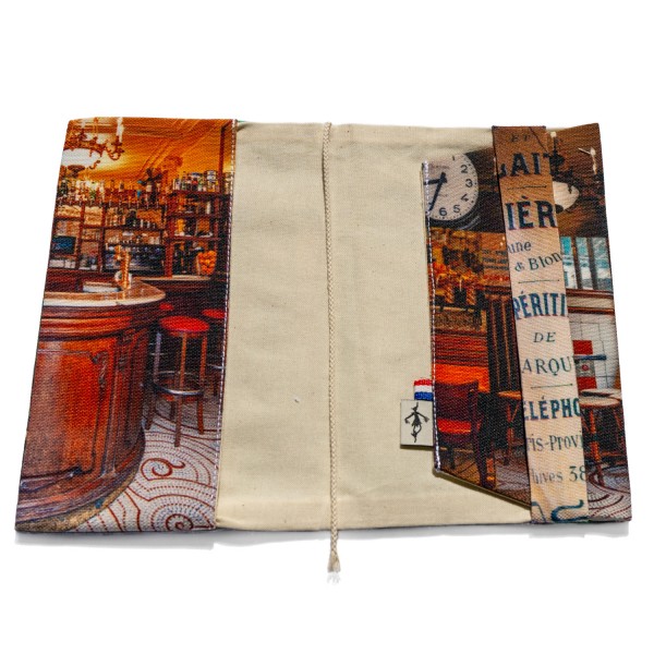 Book sleeve cover Paris Marais Green Café Au petit fer à cheval - open interior white background - Maron Bouillie made in France