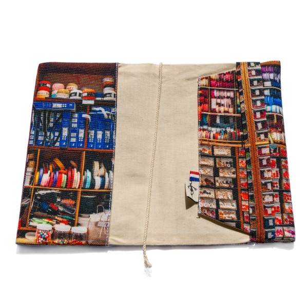 Protège livre tissu Paris Boutique Mercerie Au mètre à ruban -  intérieur ouvert fond blanc - Maron Bouillie made in France Protège livre tissu Paris Boutique Mercerie Au mètre à ruban -  intérieur ouvert fond blanc - Maron Bouillie made in France