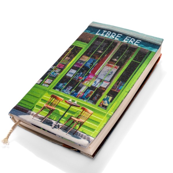 Protège livre tissu Paris Librairie Libre ère - vue de face fond blanc - Maron Bouillie made in France
