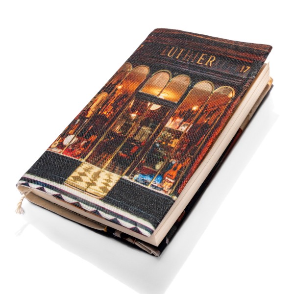 Protège livre tissu Paris Boutique Luthier - vue de face fond blanc - Maron Bouillie made in France