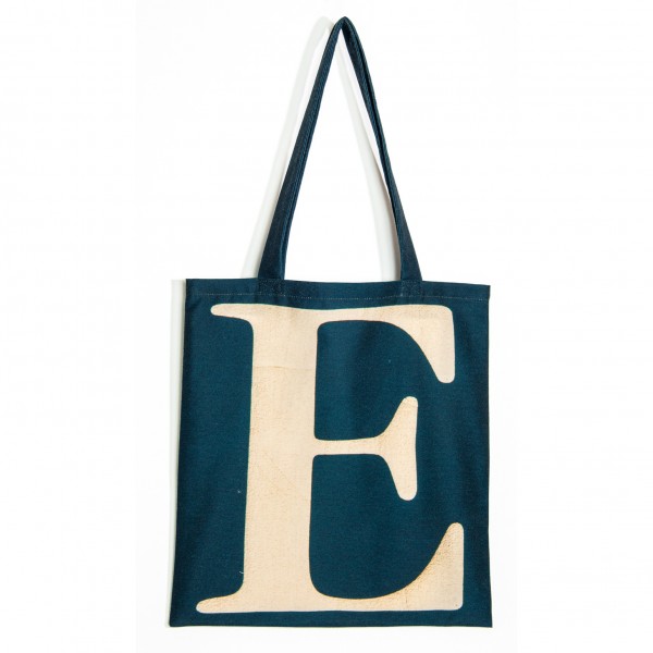 Sac initiale E - vue de face grand E doré fond bleu foncé - Sac personnalisé Maron Bouillie made in france