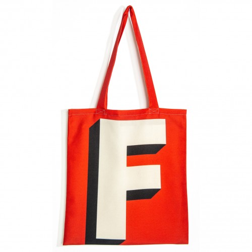 Sac initiale F - vue de face grand F blanc fond rouge - Sac personnalisé Maron Bouillie made in france