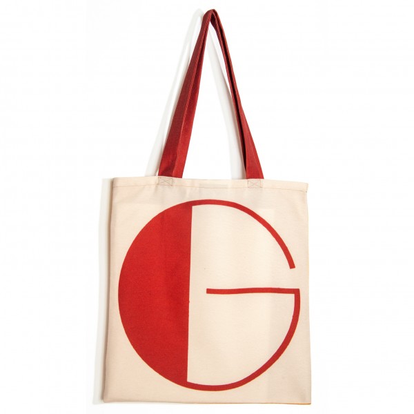 Sac initiale G - vue de face grand G rouge fond beige - Sac personnalisé Maron Bouillie made in france