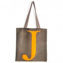 Sac initiale J - vue de face grand J jaune fond gris - Sac personnalisé Maron Bouillie made in france