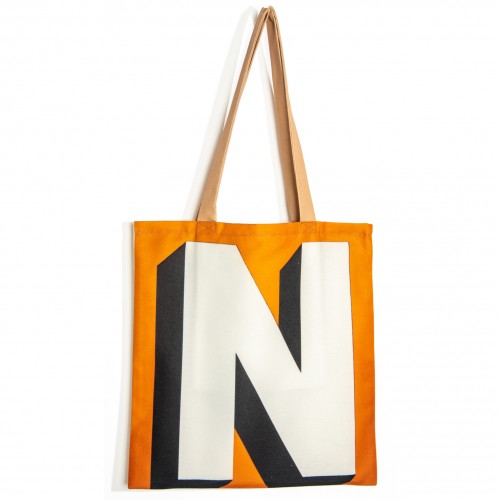 Sac initiale N - vue de face grand N blanc fond jaune - Sac personnalisé Maron Bouillie made in france