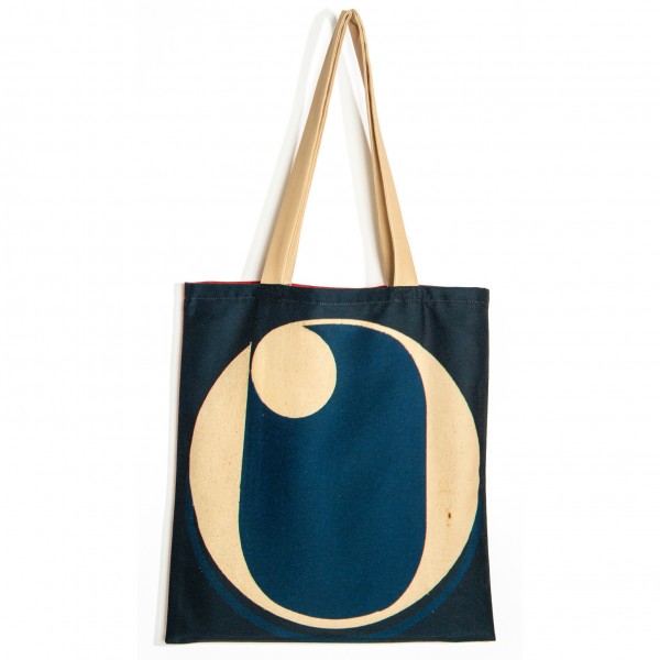 Sac initiale O - vue de face grand O doré fond bleu foncé - Sac personnalisé Maron Bouillie made in france