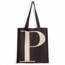 Sac initiale P - vue de face grand P marron et jaune fond beige - Sac personnalisé Maron Bouillie made in france 2