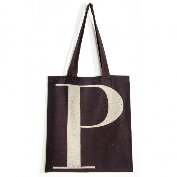 Sac initiale P - vue de dos grand P blanc fond brun - Sac personnalisé Maron Bouillie made in france