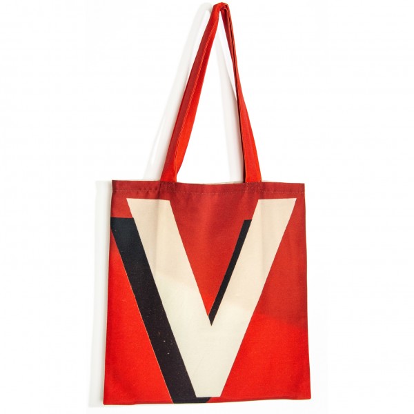 Sac initiale UV - vue de dos grand V blanc fond rouge - Sac personnalisé Maron Bouillie made in france