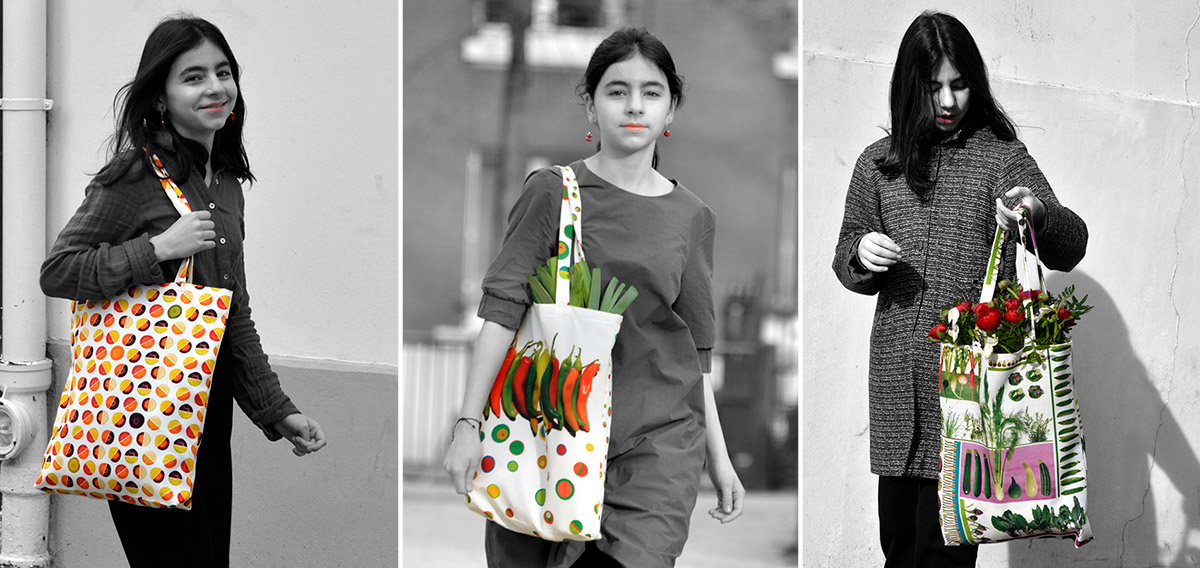 Jeune fille avec les tote bag de sign de Maron Bouillie imprimé Carottes, Piments, et petit jardin