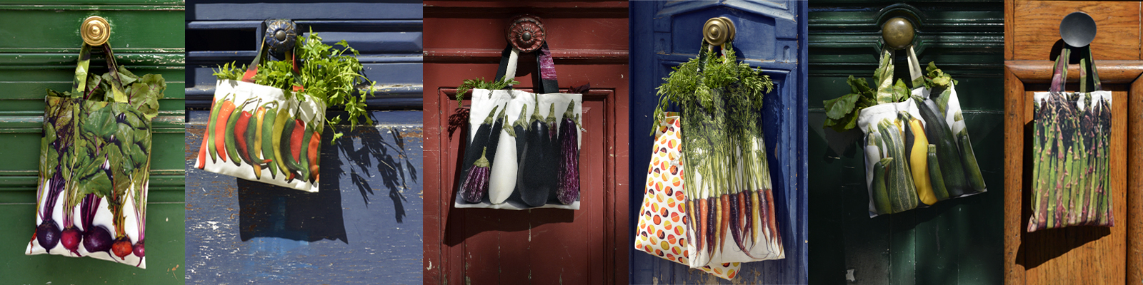 Maron Bouillie Vegetable shopping bags hanging on doors of different colors