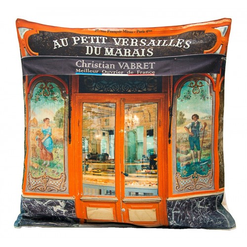 Housse de coussin Boulangerie Au petit Versailles du Marais - collection Paris retro - Maron Bouillie made in France